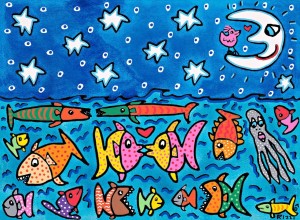 THE STARS, THE MOON, AND THE FISH IN THE SEA (Pigmentdr. auf Leinw.)